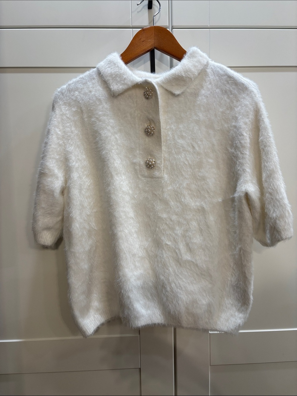 H&M Cream Fuzzy Polo Sweater with Pearl-Look Buttons